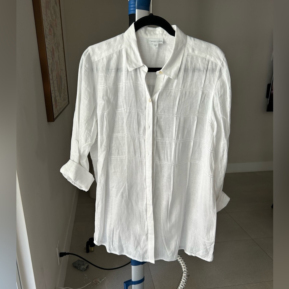 J.Jill White Linen Patterned Long Sleeve Size M